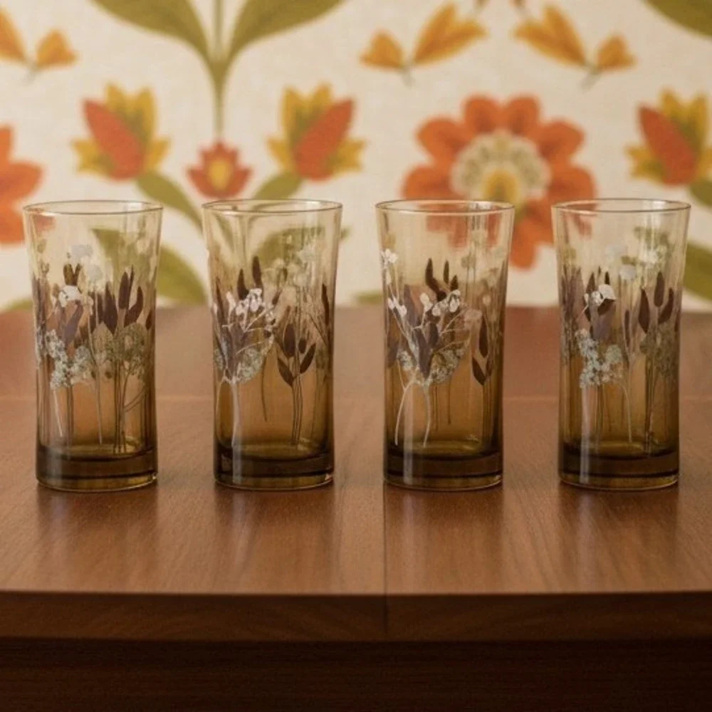 Federal Glass Interlude Highball Glasses, Set‎ of 4, Hourglass, Floral Tumblers